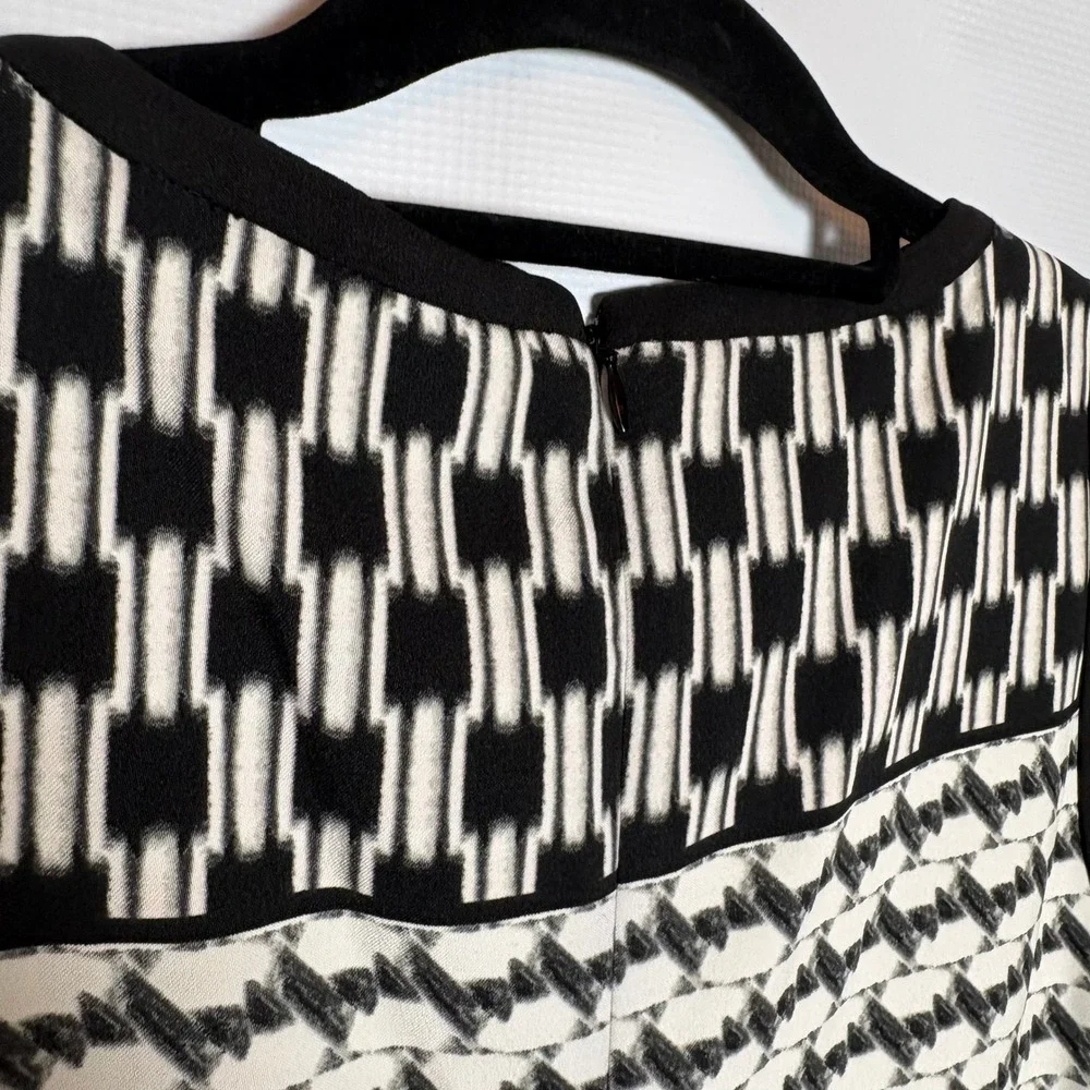 London‎ Times S/L Sheath Dress Black White Geometric Print Size 12 Career